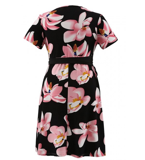Plus Size Floral Dress V Neck Tie Waist Casual Dress - Pink - C712NA30CQK