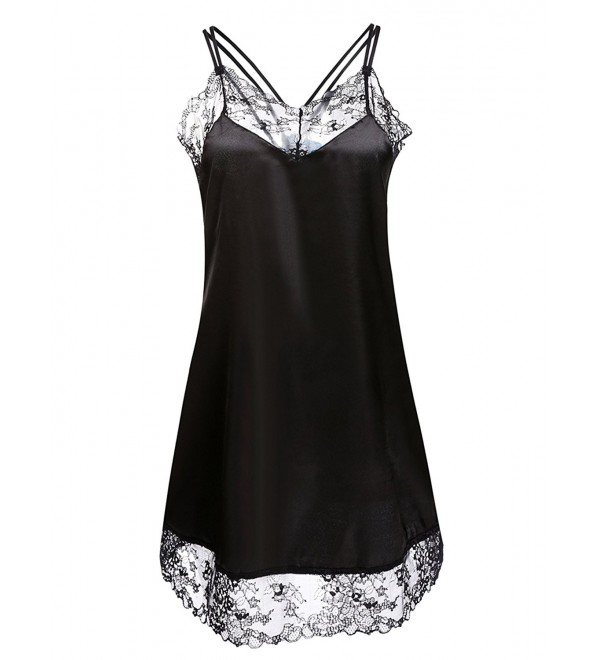 Women's Satin Nightgown Sexy Lace Trim Slip Chemise - Black(b ...