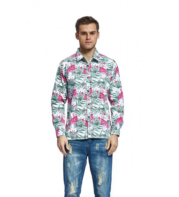Men's Hawaiian Long Sleeve Shirt Aloha Shirt Flamingo In Love Whtie ...