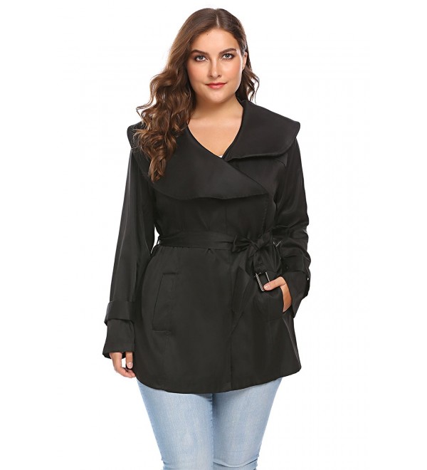 Zeagoo Womens Plus Size Lapel Short Trench Coat with Striped Belt