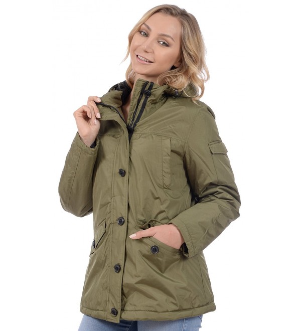 Ladies Hooded Polar Lined Quilt Winter Jacket - Olive - C6183S89UHN