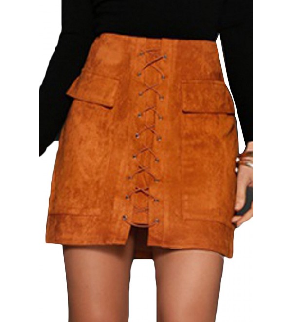 Women's Vintage Lace Up High Waist Bodycon Faux Suede Mini Skirt ...