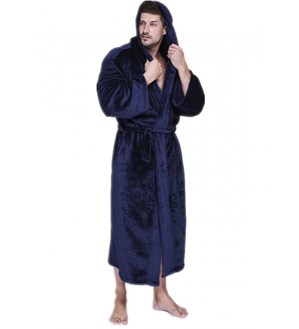 Mens Fleece Robe- Long Hooded Bathrobe Sleepwear - Navy Blue - CE188ATC7DN