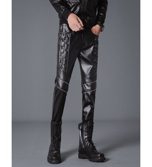 Men`s Rock Steampunk Lace Up PU Leather Pants Slim Fit - Black 666 ...