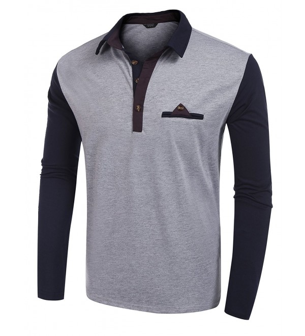 Mens Contrast Color Slim Fit Long Sleeves Button Down Polo Shirt - Grey ...