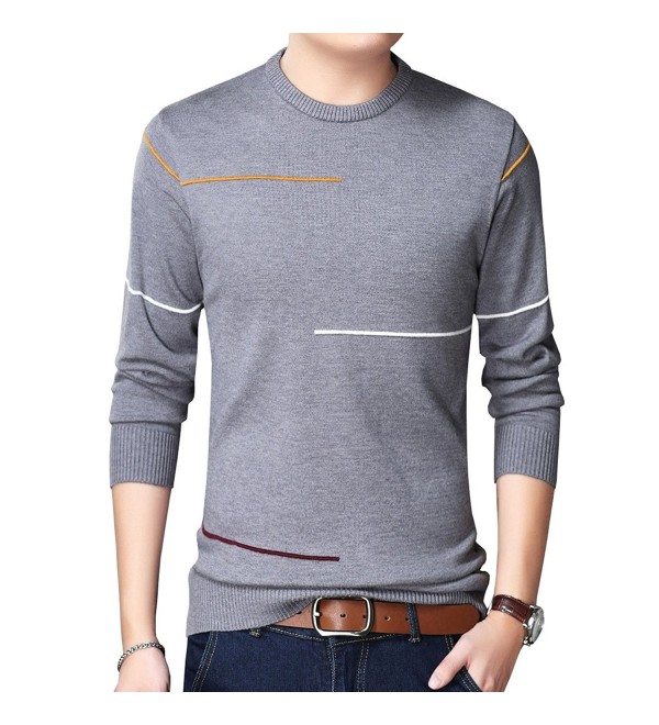 Mens Casual Striped Crewneck Pullover Sweater Cotton Knitwear - Gray ...