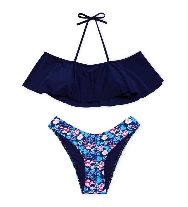 DD&MM Ruffle Off Shoulder Floral Print Bikini Set- High Cut Halter ...