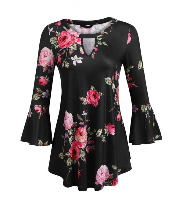 Women's Casual Floral Printed Tunic Cross V Neck Shirts 3/4 Flare ...