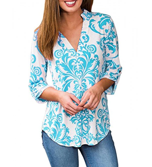 Womens Floral Print V Neck 3/4 Sleeve Blouses and Tops - Light Blue ...
