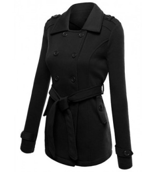 Women Double Breasted Hoodie Belted Pea Coat Long Sleeve Mid-Length ...