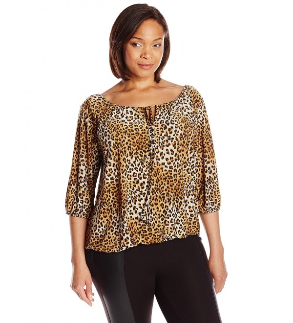Women's Plus-Size 3/4 Sleeve Peasant Top With Elastic Hem- Leopard- 2X ...