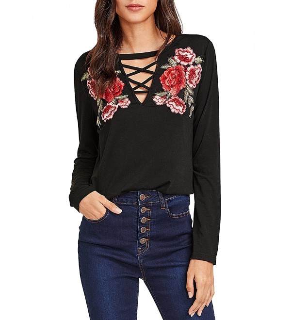 MakeMeChic Womens Floral Embroidered Sleeve
