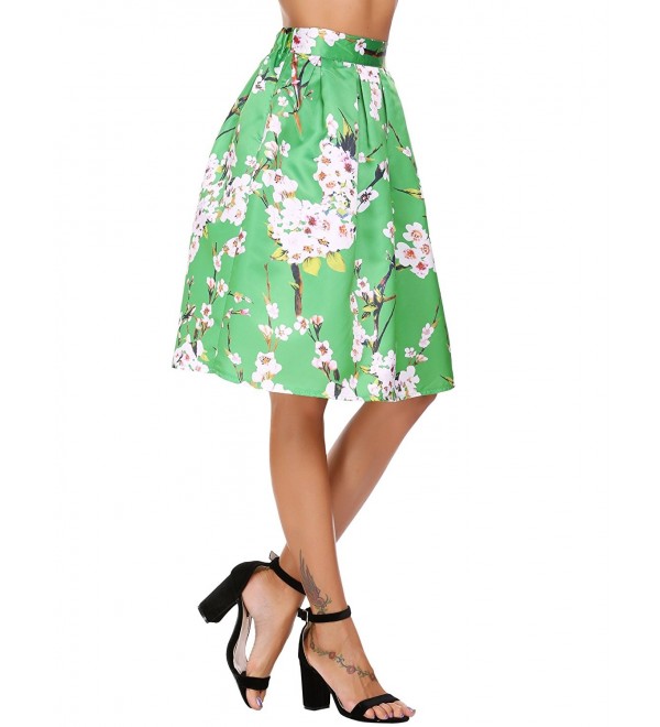 Women's Floral Plain Vintage High Elastic Waist A Line Pleated Skirts ...