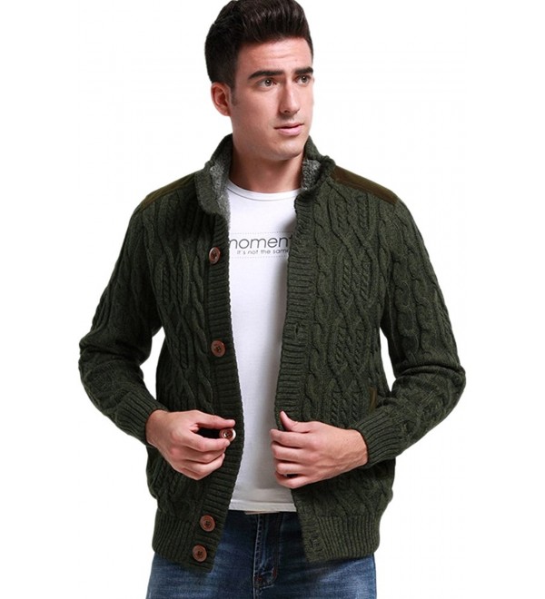 Men's Stand Collar Cable Knit Cardigan Sweater - Army Green - C412NEPFO2R