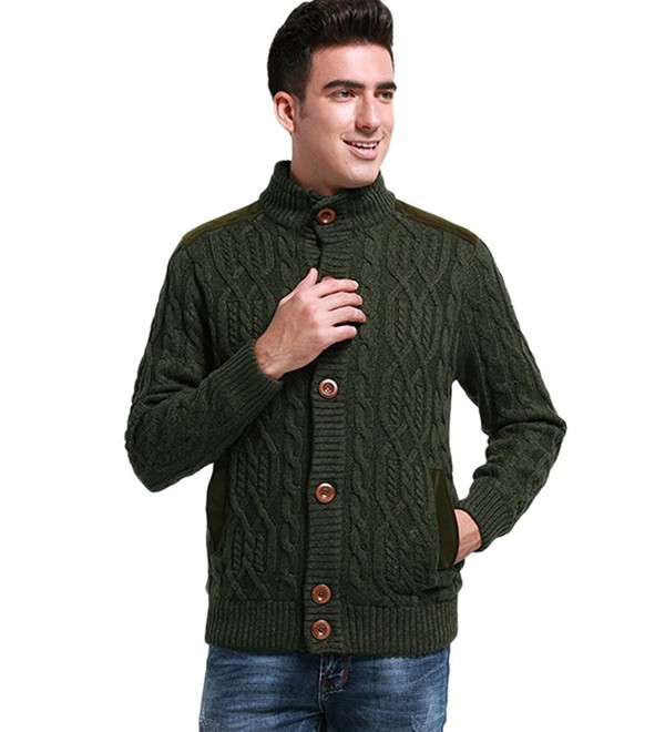 Men's Stand Collar Cable Knit Cardigan Sweater - Army Green - C412NEPFO2R