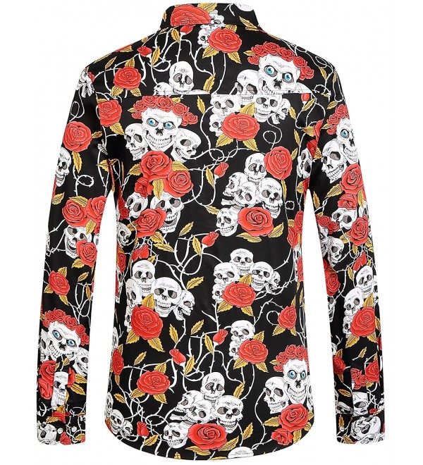 Men's Skull Rose Print Casual Long Sleeve Button Down Shirt - Black ...