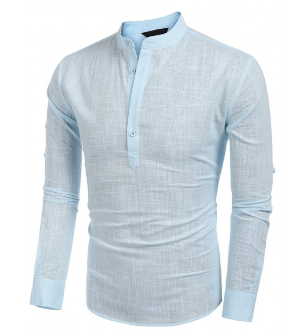 Men Casual Linen Shirts Long Sleeve Basic Henley Shirts - Blue ...