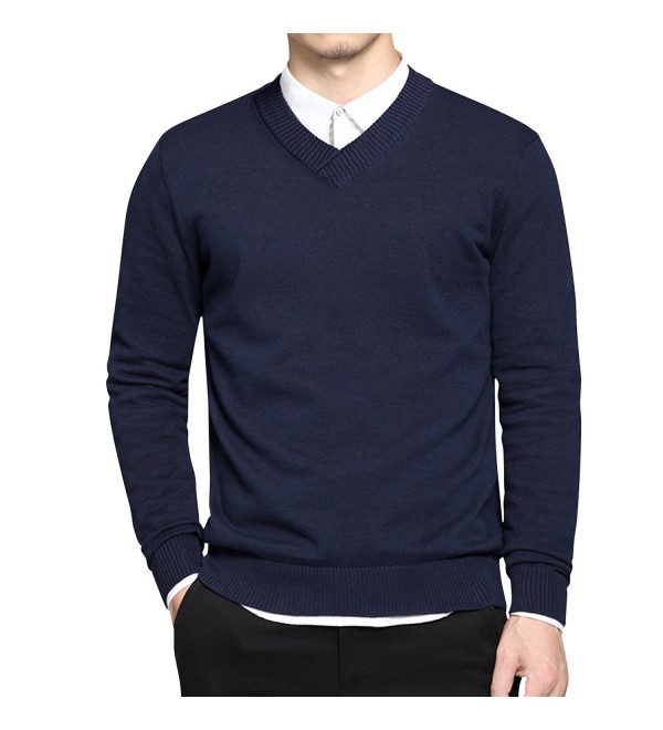 Mens Slim Comfortably Knitted Long Sleeve V-Neck Sweaters - Blue ...