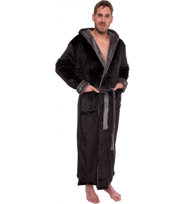 Mens Hooded Long Robe - Full Length Big & Tall Bathrobe - Black & Grey ...